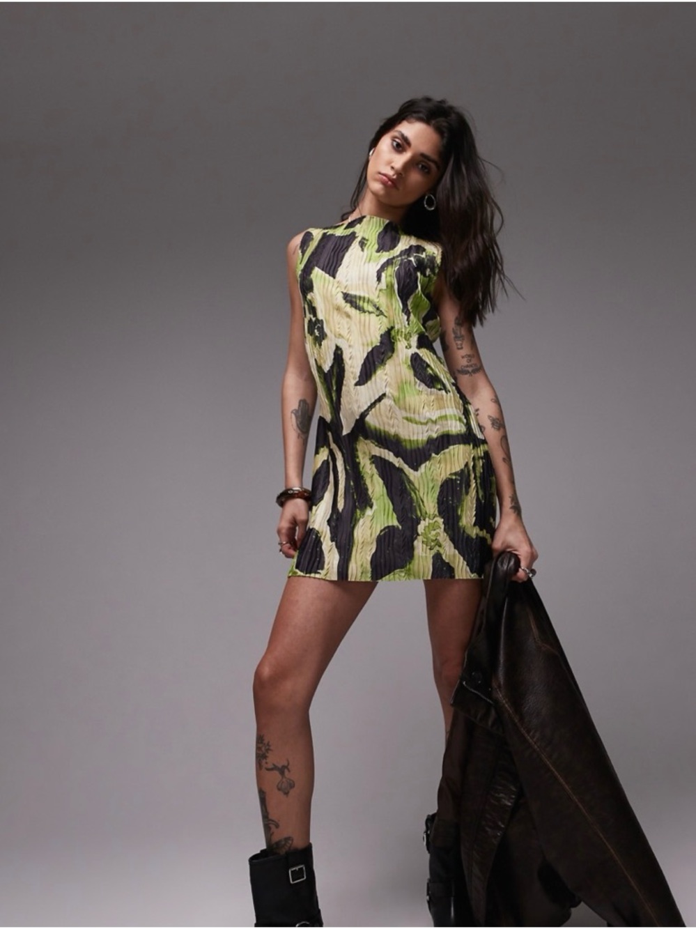 Topshop large floral print plisse mini dress in green
